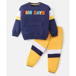 Babyhug Cotton Knit Full Sleeves T-Shirt & Lounge Pants Set With Kangaroo Pocket & Text Embroidery - Navy & Yellow-picture-31