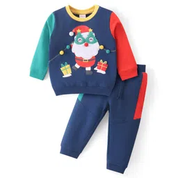 Babyhug Cotton Knit Full Sleeves T-Shirt & Lounge Pants Set With Santa Claus Applique - Navy-picture-10