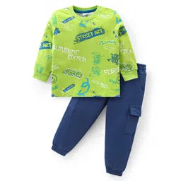 Babyhug Cotton Knit Full Sleeves T-Shirt & Lounge Pants Set With Street Art Print - Green & Blue-picture-18