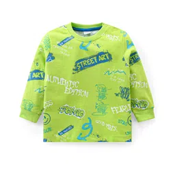 Babyhug Cotton Knit Full Sleeves T-Shirt & Lounge Pants Set With Street Art Print - Green & Blue image 2