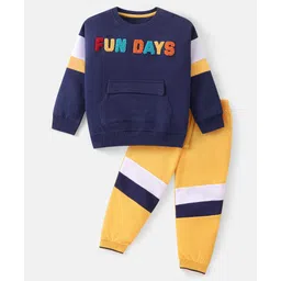 Babyhug Cotton Knit Full Sleeves T-Shirt & Lounge Pants Set With Text Embroidery - Navy & Yellow-picture-37