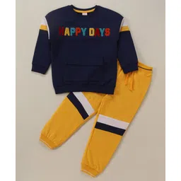 Babyhug Cotton Knit Full Sleeves T-Shirt & Lounge Pants Set With Text Embroidery - Navy & Yellow-picture-23