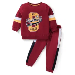 Babyhug Cotton Knit Full Sleeves T-Shirt & Lounge Pants Set With Text Embroidery - Red-picture-32