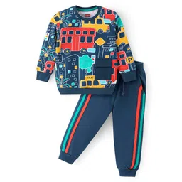 Babyhug Cotton Knit Full Sleeves T-Shirt & Lounge Pants Set With Vehicles Print - Navy-picture-17