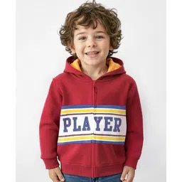 Babyhug Cotton Knit Full Sleeves Text Printed  With Quilting Detailing Hooded Sweatjacket & Front Zipper - Red-picture-34