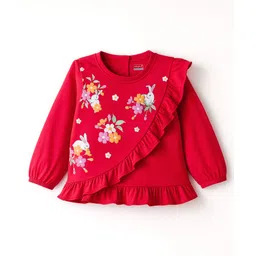 Babyhug Cotton Knit Full Sleeves Top with Floral & Animal Print & Frill Detailing - Red-picture-19