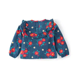 Babyhug Cotton Knit Full Sleeves Top with Floral Print & Frill Detailing - Blue image 2