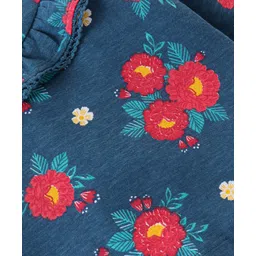 Babyhug Cotton Knit Full Sleeves Top with Floral Print & Frill Detailing - Blue image 3