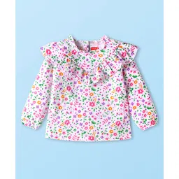 Babyhug Cotton Knit Full Sleeves Top with Frill Detailing & Floral Print - White-picture-36