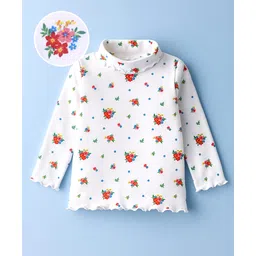 Babyhug Cotton Knit Full Sleeves Turtle Neck Winter T-Shirt with Floral Print - White-picture-13