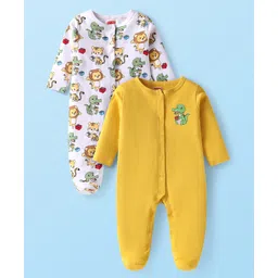 Babyhug Cotton Knit Full SleevesAnimal Printed Sleep Suits Pack of 2 - Yellow & White-picture-27