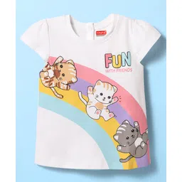 Babyhug Cotton Knit Half Cap Sleeves T-Shirt with Kitty Print - White-picture-23
