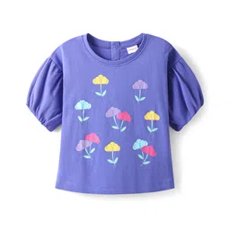 Babyhug Cotton Knit Half Puffed Sleeves Top With Floral Print - Blue-picture-11
