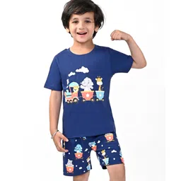 Babyhug Cotton Knit Half Sleeves Animal Printed Night Suit - Navy image 1