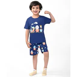 Babyhug Cotton Knit Half Sleeves Animal Printed Night Suit - Navy image 2