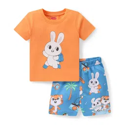 Babyhug Cotton Knit Half Sleeves Bunny Printed Night Suit - Orange & Blue-picture-22