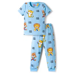 Babyhug Cotton Knit Half Sleeves Co-ords Night Suit with Animal Print - Light Blue-picture-13