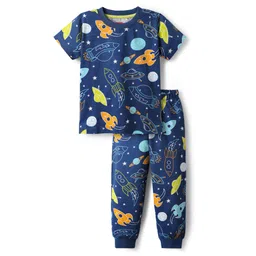 Babyhug Cotton Knit Half Sleeves Co-ords Night Suit With Space Theme Print - Navy Blue-picture-11