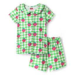 Babyhug Cotton Knit Half Sleeves Co-ords Peter Pan Collared Front Open Shorts Night Suit with Checks & Strawberry Print - Light Green-picture-26