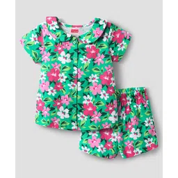Babyhug Cotton Knit Half Sleeves Co-ords Peter Pan Collared Front Open Shorts Night Suit with Floral Print - Green-picture-19