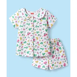 Babyhug Cotton Knit Half Sleeves Co-ords Peter Pan Collared Front Open Shorts Night Suit with Tropical Theme Print - White-picture-25
