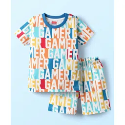 Babyhug Cotton Knit Half Sleeves Co-ords Shorts Night Suit With Gamer Text Print - Multicolor-picture-25