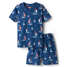 Babyhug Cotton Knit Half Sleeves Co-ords Shorts Night Suit with Nautical Theme Print - Navy Blue-picture-12