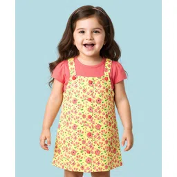 Babyhug Cotton Knit Half Sleeves Floral Printed Frock With Inner Tee - Yellow & Red-image-21