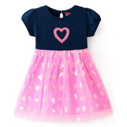 Babyhug Cotton Knit Half Sleeves Foil Printed Frock with Sequinned Heart - Pink-picture-21