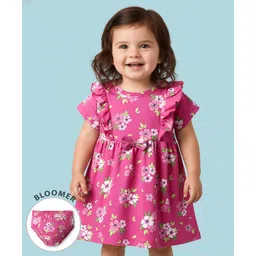 Babyhug Cotton Knit Half Sleeves Frock With Bloomer Floral Print with Bow Applique & Frill Detailing - Pink-picture-25