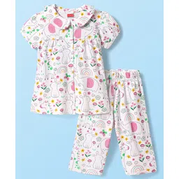 Babyhug Cotton Knit Half Sleeves Front Open Co-ords Peter Pan Collared Capri Night Suit with Jungle Theme Printed - White-picture-27
