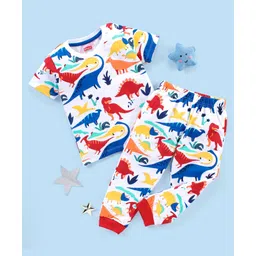 Babyhug Cotton Knit Half Sleeves Night Suit Dino Print - White-picture-15