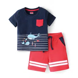 Babyhug Cotton Knit Half Sleeves Night Suit Whale Print - Navy & Red-picture-27