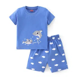 Babyhug Cotton Knit Half Sleeves Night Suit With Shark Print - Blue-picture-12