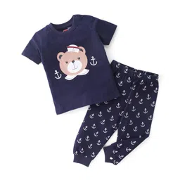 Babyhug Cotton Knit Half Sleeves Night Suit With Teddy Print - Navy Blue-picture-26