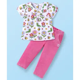 Babyhug Cotton Knit Half Sleeves Peter Pan Collared Floral Printed Top & Corduroy Pants Set - White & Pink-picture-34
