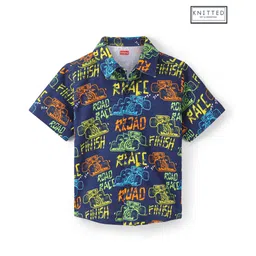 Babyhug Cotton Knit Half Sleeves Regular Collar Shirt Race Car Printed - Navy Blue-picture-12