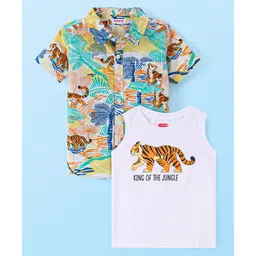 Babyhug Cotton Knit Half Sleeves Safari Theme Printed Shirt With Inner Tee - Teal Green-picture-39