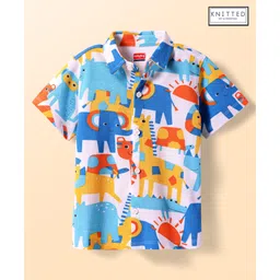 Babyhug Cotton Knit Half Sleeves Shirt with Animal Print - Blue-picture-33