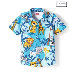 Babyhug Cotton Knit Half Sleeves Shirt with Animal Print - Blue-picture-34
