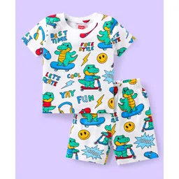 Babyhug Cotton Knit Half Sleeves Short Night Suitwith Dino Print - White-picture-26