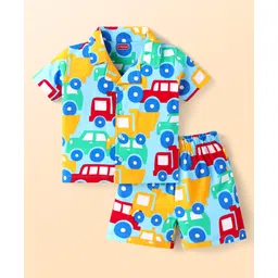 Babyhug Cotton Knit Half Sleeves Shorts Night Suit With Car Print - Light Blue-picture-26