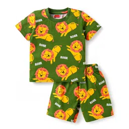 Babyhug Cotton Knit Half Sleeves Shorts Night Suit With Lion Print - Green-picture-20