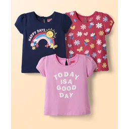 Babyhug Cotton Knit Half Sleeves T-Shirts with Floral Text & Rainbow Print Pack of 3 - Pink Red & Navy Blue-picture-12