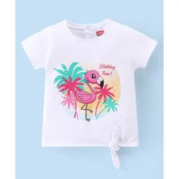 Babyhug Cotton Knit Half Sleeves Tee with Front Knot & Tropical Theme Print - White-image-49