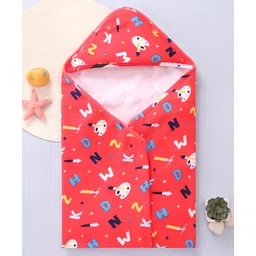 Babyhug Cotton Knit Hooded Wrapper with Alphabet Print L 76.2 x B 76.2 cm - Red-picture-26