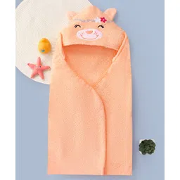 Babyhug Cotton Knit Hooded Wrapper With Animal Embroidery & Ear Applique L 76 x B 76 cm - Peach-picture-19