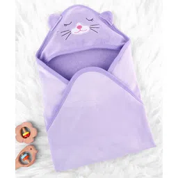 Babyhug Cotton Knit Hooded Wrapper With Animal Embroidery L 81 x B 81 cm - Lavender-picture-20