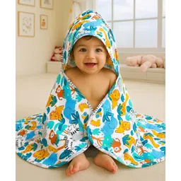 Babyhug Cotton Knit Hooded Wrapper With Animal Print L 75 x B 70 cm - White-picture-16