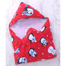 Babyhug Cotton Knit Hooded Wrapper With Animal Print L 76.5 x B 76.5 cm - Red-picture-10